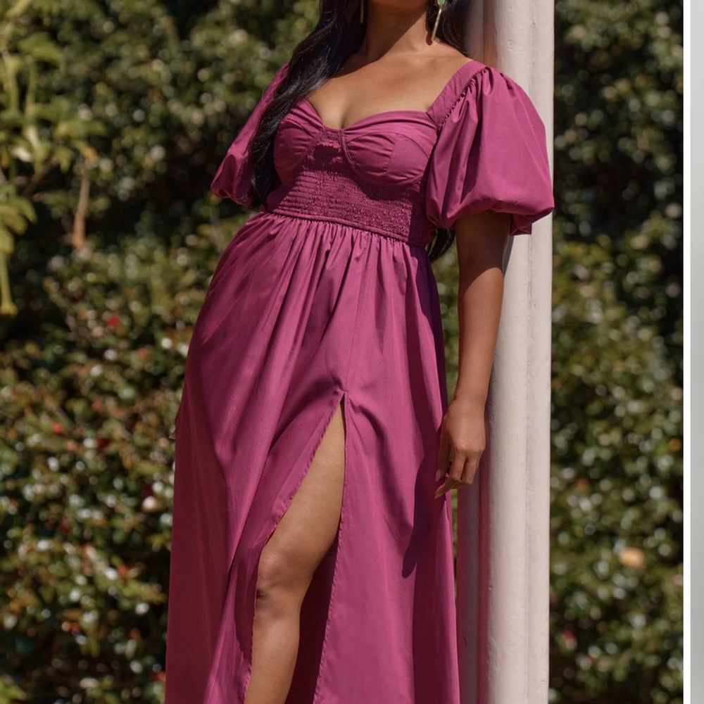 Showpo Fuchsia Puff Sleeve Midi Dress